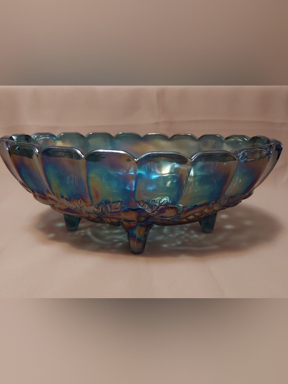 Vintage Indiana Blue Carnival Glass Harvest Grape Footed Bowl